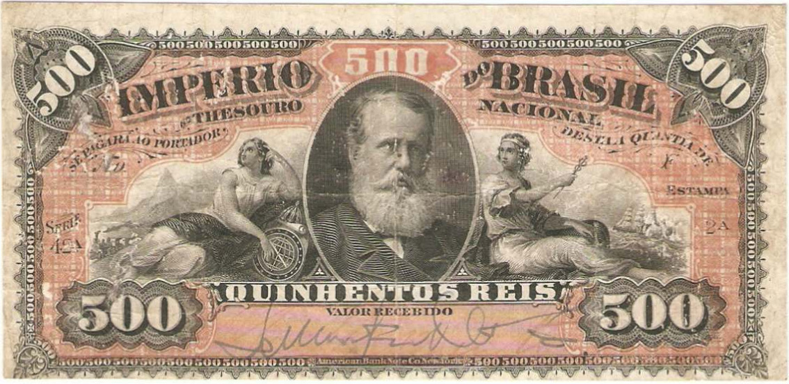Anverso de 500 réis (1880-1885) - 1869-1889 Tesouro Nacional, American Bank Note¹