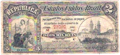 Anverso de 2 mil-réis (1890-1892) - 1889-1942 Estados Unidos do Brasil
