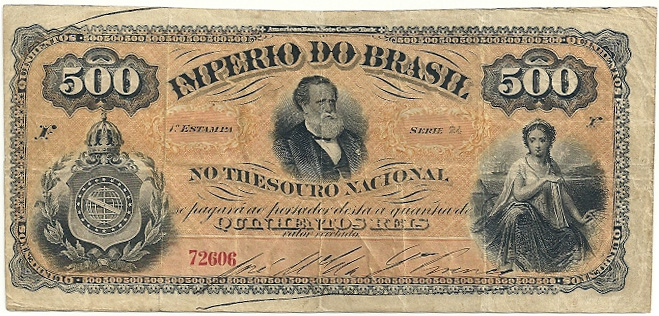 Anverso de 500 réis (1874) Anverso de 500 réis (1874) - 1869-1889 Tesouro Nacional, American Bank Note¹