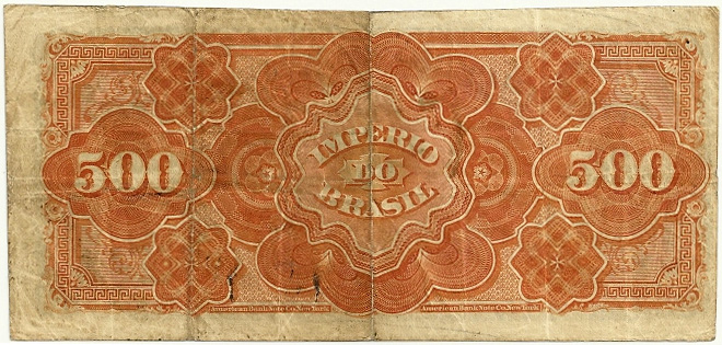 Reverso de 500 réis (1874) Reverso de 500 réis (1874) - 1869-1889 Tesouro Nacional, American Bank Note¹