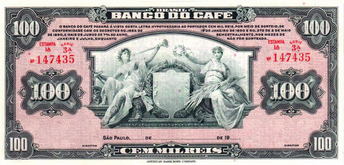 Anverso de cédula da série 1890-1890 Banco do Café, São Paulo