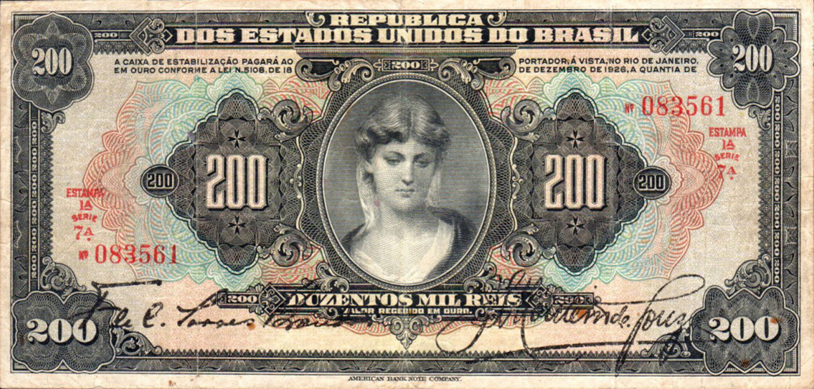 200 mil-réis (1926) - 1925-1927 Caixa de Estabilização, American Bank Note