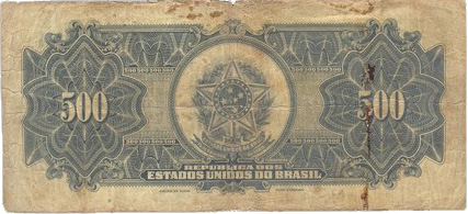 Reverso de 500 cruzeiros (1942) - 1942-1944 Cruzeiros, Réis carimbados