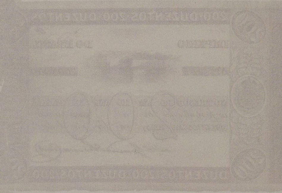 Reverso de 200 mil-réis (1835) Reverso de 200 mil-réis (1835) - 1835-1836 Tesouro Nacional, Perkins Bacon & Petch¹