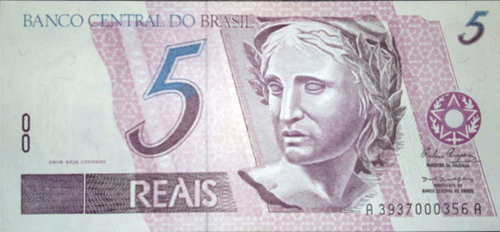 Anverso de 5 reais (1994-1995) - 1994-2011 Reais, 1ª. família