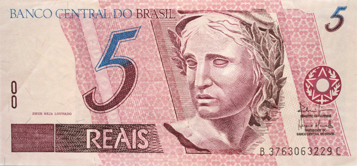 Anverso de 5 reais (1997-2009) - 1994-2011 Reais, 1ª. família
