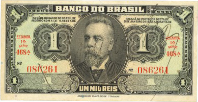 Anverso de cédula da série 1942-1944 Cruzeiros, Réis carimbados