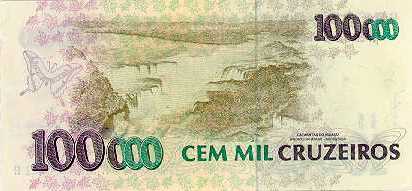 Reverso de 100.000 cruzeiros (1992-1993) - 1990-1993 Cruzeiros, 3ª. vez