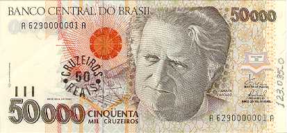Anverso de cédula da série 1993-1994 Cruzeiros Reais