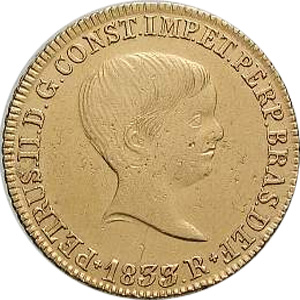 Anverso de 4 mil-réis (1832-1833) - 1831-1840 D. Pedro II, 1º. Sistema Monetário - Ouro