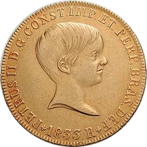 Anverso de 6 mil-réis (1832-1833) - 1831-1840 D. Pedro II, 1º. Sistema Monetário - Ouro