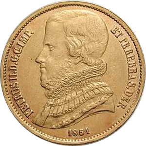 Anverso de 20 mil-réis (1849-1851) - 1849-1852 3º. Sistema Monetário, 1º. Tipo - Ouro