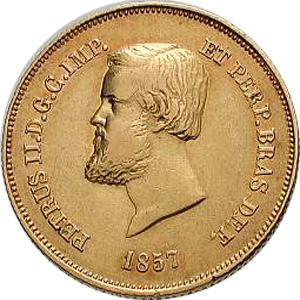 Anverso de 5 mil-réis (1854-1857) - 1853-1889 3º. Sistema Monetário, 2º. Tipo - Ouro