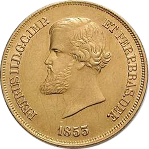 Anverso de 10 mil-réis (1853-1889) - 1853-1889 3º. Sistema Monetário, 2º. Tipo - Ouro