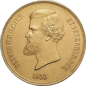 Anverso de 20 mil-réis (1853-1889) - 1853-1889 3º. Sistema Monetário, 2º. Tipo - Ouro
