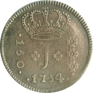 Anverso de 150 réis (1754-1760) - 1754-1770 Jotas, Casa da Moeda do Rio, 1º. tipo - Prata