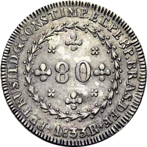 Anverso de 80 réis (1833) - 1831-1834 D. Pedro II, 1º. Sistema Monetário - Prata