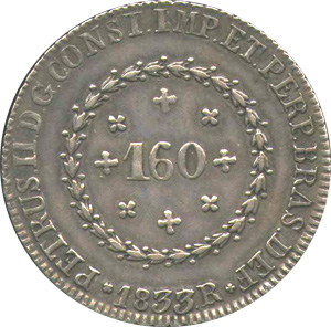 Anverso de 160 réis (1833) - 1831-1834 D. Pedro II, 1º. Sistema Monetário - Prata