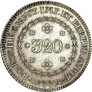 Anverso de 320 réis (1833) - 1831-1834 D. Pedro II, 1º. Sistema Monetário - Prata