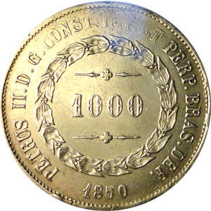 Anverso de 1 mil-réis (1849-1852) - 1848-1852 3º. Sistema Monetário, 1º. Tipo - Prata