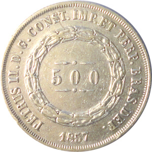Anverso de 500 réis (1853-1867) - 1853-1867 3º. Sistema Monetário, 2º. Tipo - Prata
