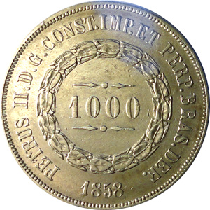 Anverso de 1 mil-réis (1853-1866) - 1853-1867 3º. Sistema Monetário, 2º. Tipo - Prata