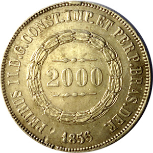 Anverso de 2 mil-réis (1853-1867) - 1853-1867 3º. Sistema Monetário, 2º. Tipo - Prata