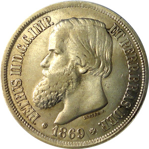 Anverso de 1 mil-réis (1869) - 1867-1876 3º. Sistema Monetário, 3º. Tipo - Prata