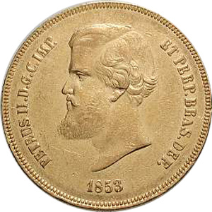 Anverso de 20 mil-réis (1853) - 1853-1889 3º. Sistema Monetário, 2º. Tipo - Ouro