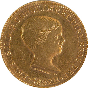 Anverso Rs 4$000 (1831-1840 D. Pedro II, 1º. Sistema Monetário - Ouro)