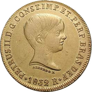 Anverso de 6 mil-réis (1832-1832) - 1831-1840 D. Pedro II, 1º. Sistema Monetário - Ouro