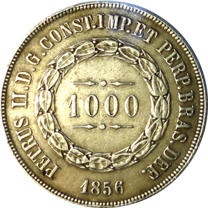 Anverso de 1 mil-réis (1856) - 1853-1867 3º. Sistema Monetário, 2º. Tipo - Prata