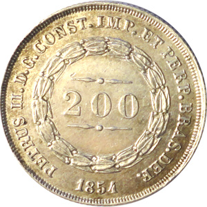 Anverso de 200 réis (1854-1859) - 1853-1867 3º. Sistema Monetário, 2º. Tipo - Prata