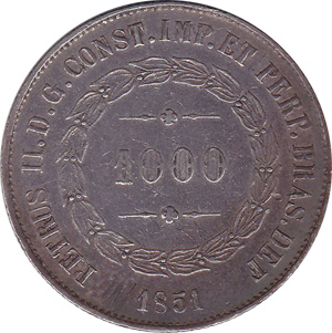 Anverso de 1 mil-réis (1851) - 1848-1852 3º. Sistema Monetário, 1º. Tipo - Prata