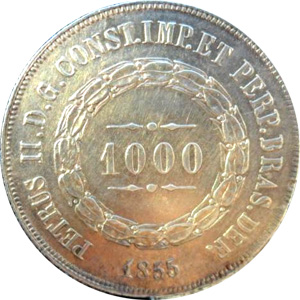 Anverso de 1 mil-réis (1855-1856) - 1853-1867 3º. Sistema Monetário, 2º. Tipo - Prata