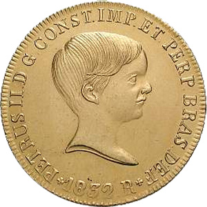 Anverso de 6 mil-réis (1832-1833) - 1831-1840 D. Pedro II, 1º. Sistema Monetário - Ouro