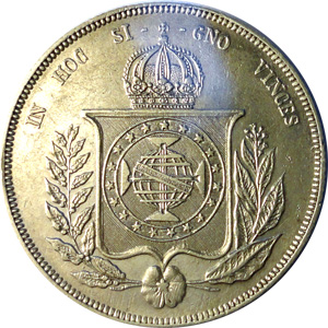 Reverso de 1 mil-réis (1853-1866) - 1853-1867 3º. Sistema Monetário, 2º. Tipo - Prata