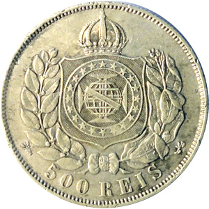 Reverso de 500 réis (1867-1868) - 1867-1876 3º. Sistema Monetário, 3º. Tipo - Prata