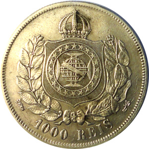 Reverso de 1 mil-réis (1869) - 1867-1876 3º. Sistema Monetário, 3º. Tipo - Prata