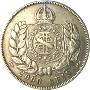 Reverso de 2 mil-réis (1868-1869) - 1867-1876 3º. Sistema Monetário, 3º. Tipo - Prata